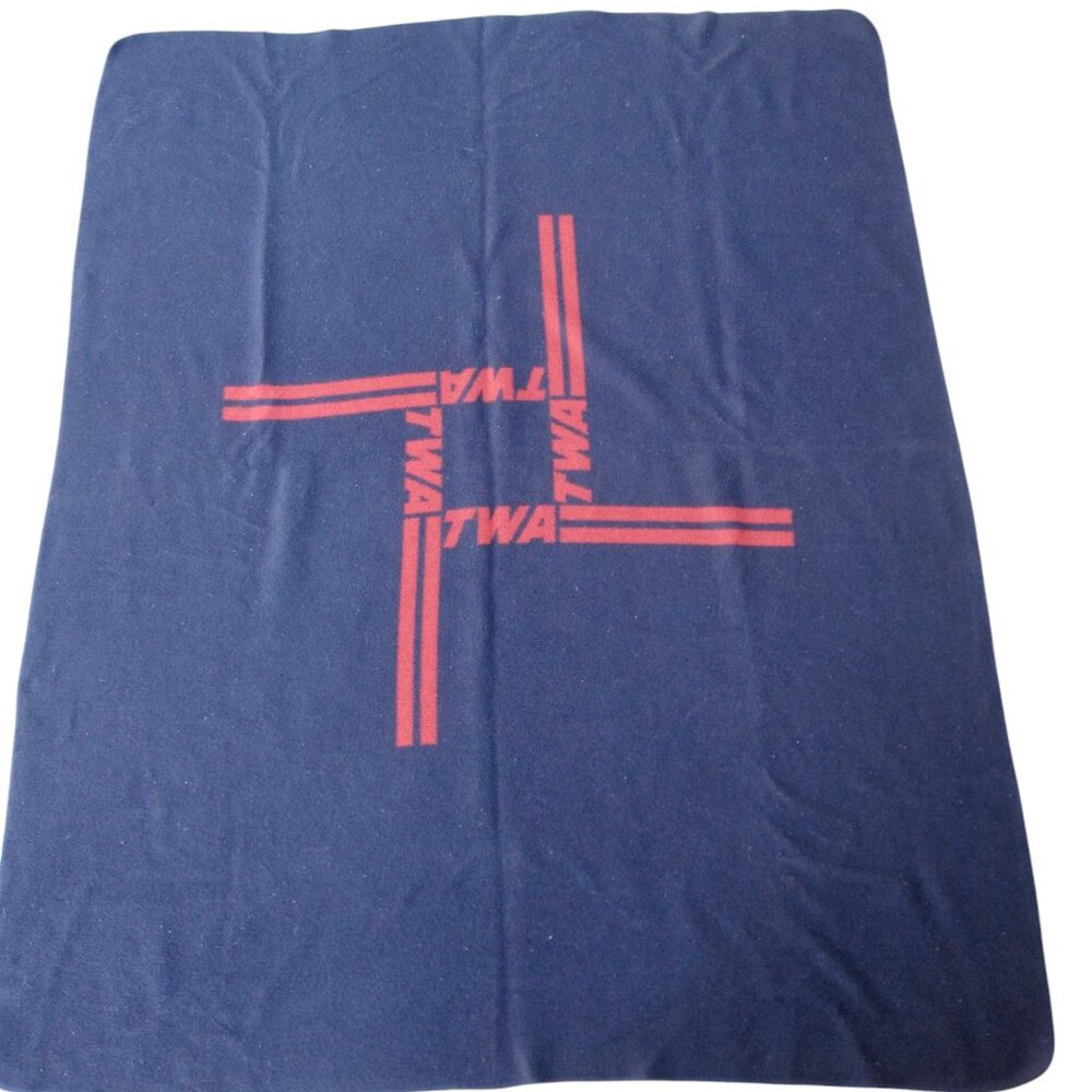 Vintage 80s TWA Logo Reversible Blanket Aviation 1st Class Blue Red West German